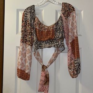 Boho print tie back crop top